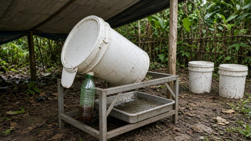 Illustrative view of a tilted 5-gallon process bucket with underside harvest bottle and low-end leachate tray