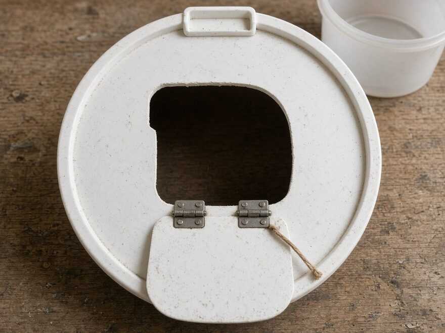 Illustrative close-up of a stock 5-gallon lid with a large hinged sub-lid cut into the top face
