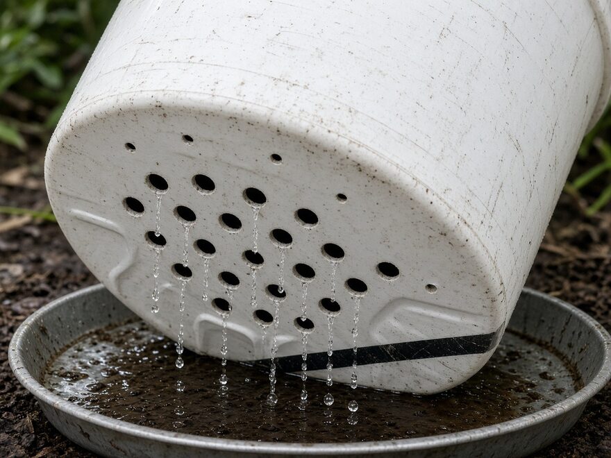 Illustrative close-up of drilled drain holes weeping into a leachate tray