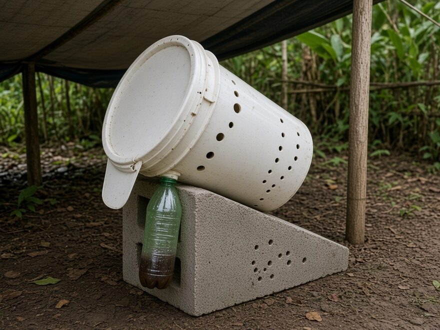 Illustrative tilted rack bucket showing drilled aeration rows and harvest bottle near the lid